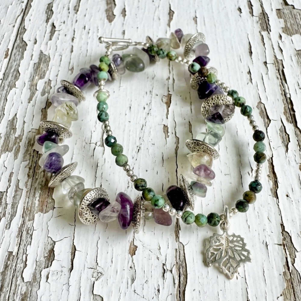 Amethyst, Green Turquoise & Sterling Silver Bracelet Set